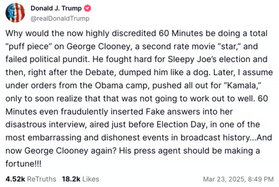 Donald Trump vise George Clooney et perd totalement le contrôle 2 Donald Trump vise George Clooney et perd totalement le contrôle Capture decran 2025 03 26 103923 Donald Trump vise George Clooney et perd totalement le contrôle