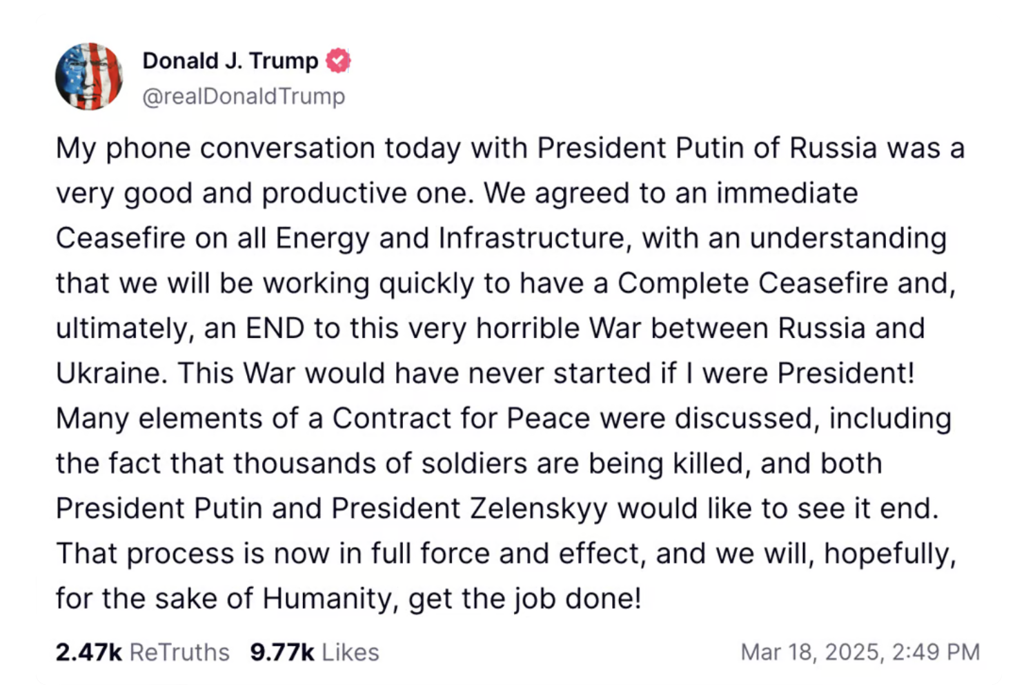 Après son appel avec Poutine, Donald Trump fait une déclaration remarquée 2 Après son appel avec Poutine, Donald Trump fait une déclaration remarquée Capture decran le 2025 03 19 a 10.27.54 Après son appel avec Poutine, Donald Trump fait une déclaration remarquée