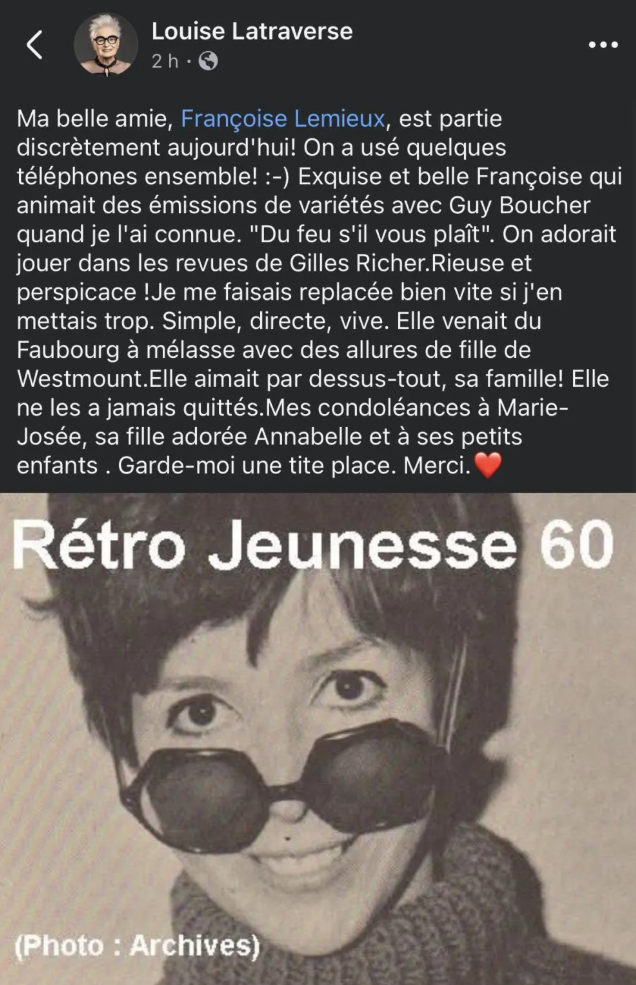 Capture decran 2025 04 02 110912 Louise Latraverse annonce qu’elle est en deuil