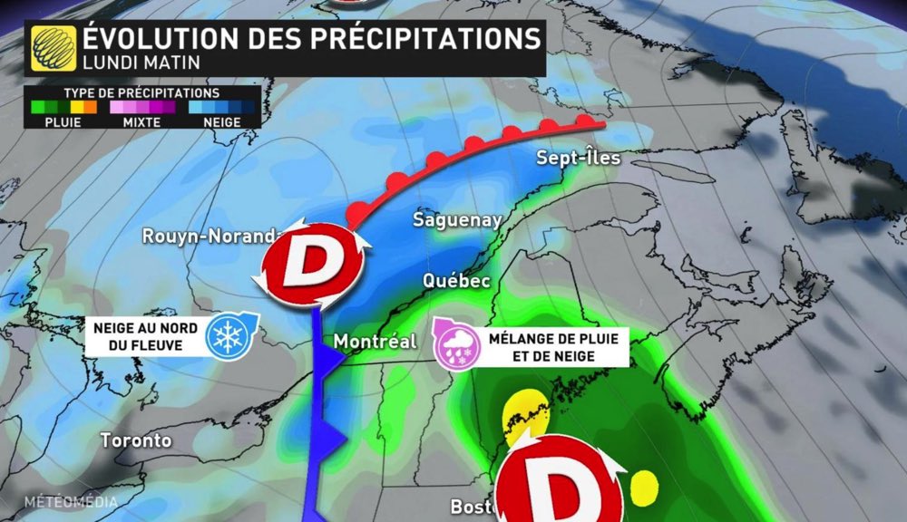 evolution lundi mardi Une bonne bordée de neige possible dans plusieurs régions du Québec