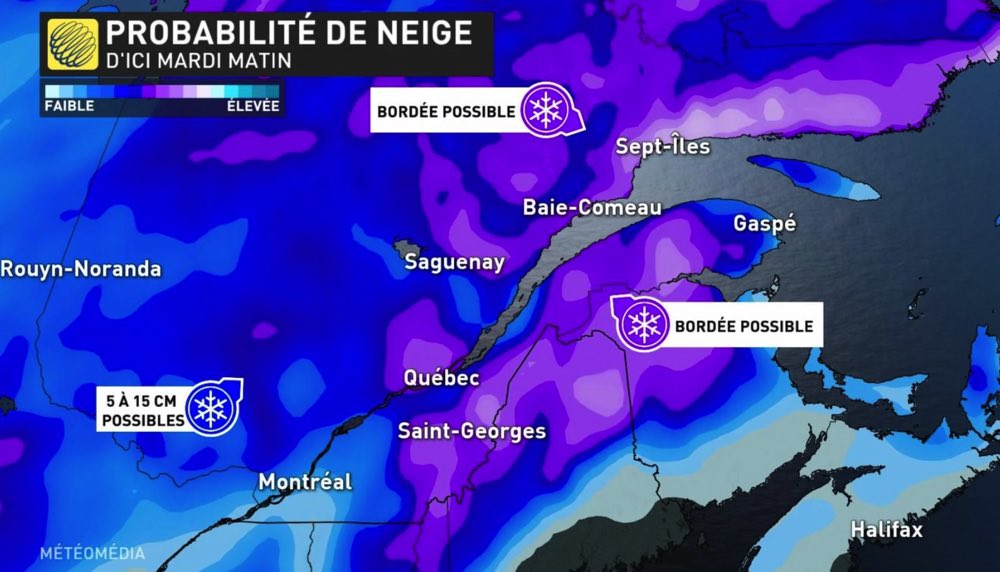 prob neige mardi Une bonne bordée de neige possible dans plusieurs régions du Québec