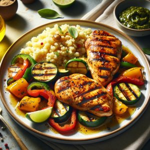 DALL·E 2023 12 08 17.07.31 A visually enticing image of a cooked dish based on the provided recipe. The plate should feature grilled chicken breasts marinated in olive oil mapl Recette facile de Poulet au Cari en 30 Min 🍽️ Profitez des spéciaux de cette semaine avec notre recette et découvrez les ingrédients à rabais! 🛒🔥