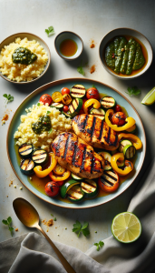 DALL·E 2023 12 08 17.08.25 A tall visually enticing image of a cooked dish based on the provided recipe. The plate should feature grilled chicken breasts marinated in olive oil Recette facile de Poulet au Cari en 30 Min 🍽️ Profitez des spéciaux de cette semaine avec notre recette et découvrez les ingrédients à rabais! 🛒🔥