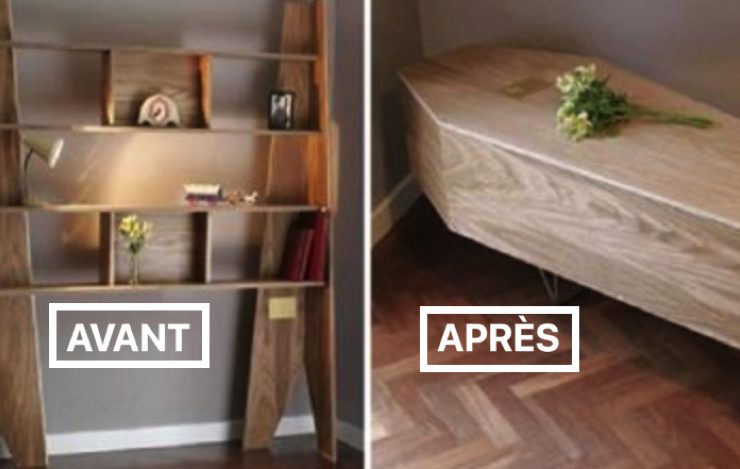 cercueil devient bibliotheque Cercueil écolo : cette bibliothèque peut être assemblée en cercueil après la mort