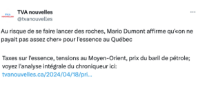 Capture decran 2024 04 19 230715 Mario Dumont estime qu’on ne paie pas assez cher l’essence au Québec
