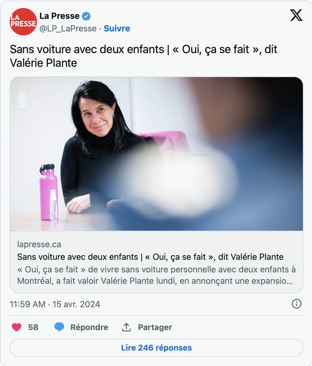 Capture decran le 2024 04 15 a 16.25.13 Valérie Plante considère qu'on peut résider à Montréal et élever deux enfants sans posséder de voiture