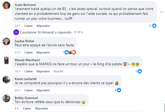 Le propriétaire du Potato King se heurte à une vague de critiques suite à ses propos déplacés sur Facebook 4 Le propriétaire du Potato King se heurte à une vague de critiques suite à ses propos déplacés sur Facebook Capture decran 2024 05 13 171044 Le propriétaire du Potato King se heurte à une vague de critiques suite à ses propos déplacés sur Facebook