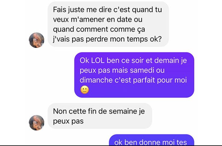 Un homme partage sa conversation avec une Repentignoise trop fière de son emploi du temps chargé 1 Un homme partage sa conversation avec une Repentignoise trop fière de son emploi du temps chargé Capture decran 2024 06 27 155133 e1719519391656 Un homme partage sa conversation avec une Repentignoise trop fière de son emploi du temps chargé