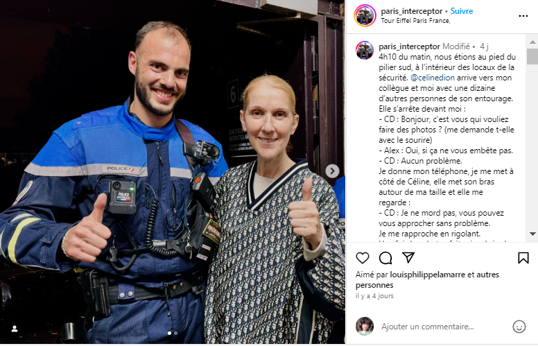 Capture decran 2024 07 31 101200 Rencontre Improbable entre Céline Dion et les Motards aux JO : Découvrez Leur Échange Complet Révélé par un Policier