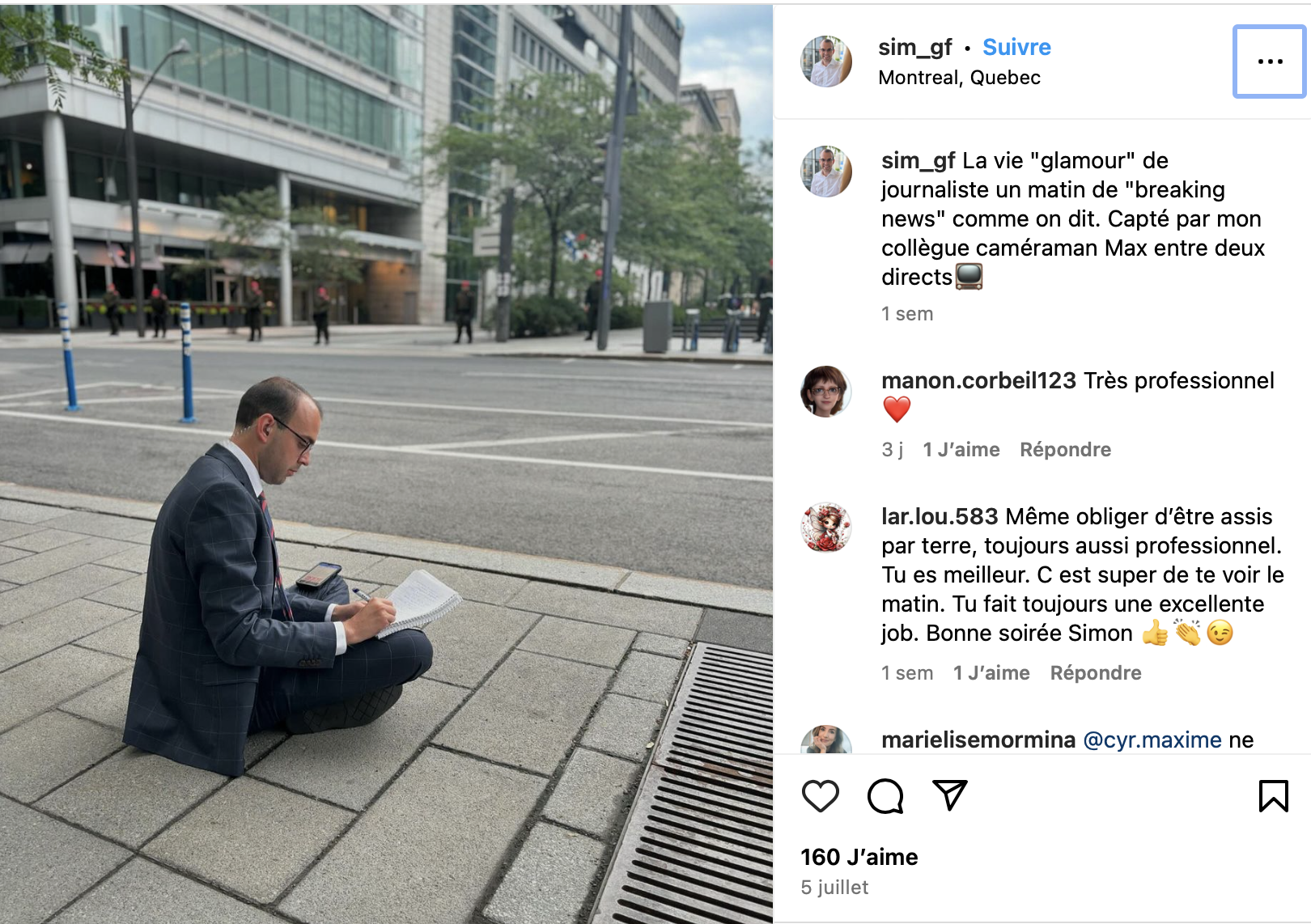 Capture decran le 2024 07 17 a 14.26.59 Simon Gamache-Fortin de LCN révèle la réalité 'glamour' du journalisme avec une photo qui surprend