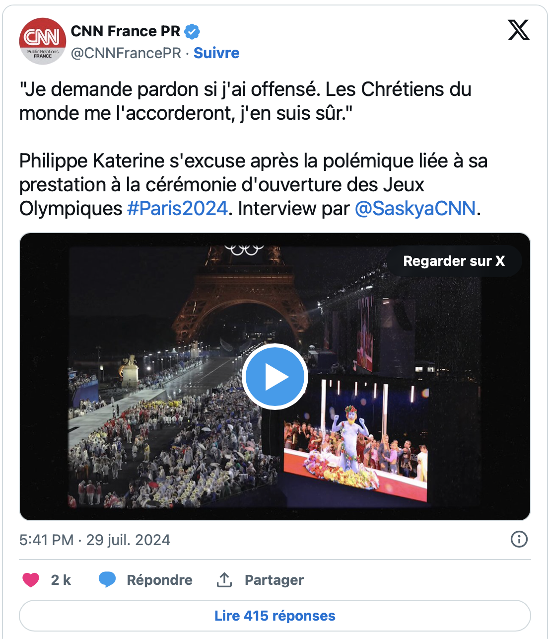 Capture decran le 2024 07 31 a 09.26.23 Philippe Katerine présente ses excuses après une performance controversée aux JO de Paris