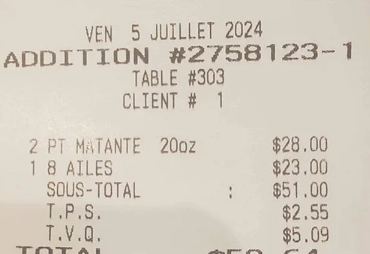 Un Québécois paie 58,64$ pour 8 ailes de poulet et 2 bières 2 Un Québécois paie 58,64$ pour 8 ailes de poulet et 2 bières Capture decran 2024 08 05 123540 e1722876009665 Un Québécois paie 58,64$ pour 8 ailes de poulet et 2 bières