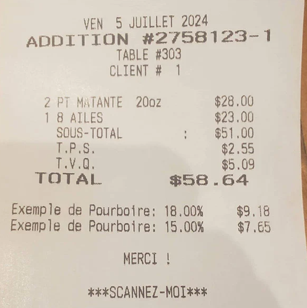 Un Québécois paie 58,64$ pour 8 ailes de poulet et 2 bières 2 Un Québécois paie 58,64$ pour 8 ailes de poulet et 2 bières Capture decran 2024 08 05 123540 Un Québécois paie 58,64$ pour 8 ailes de poulet et 2 bières