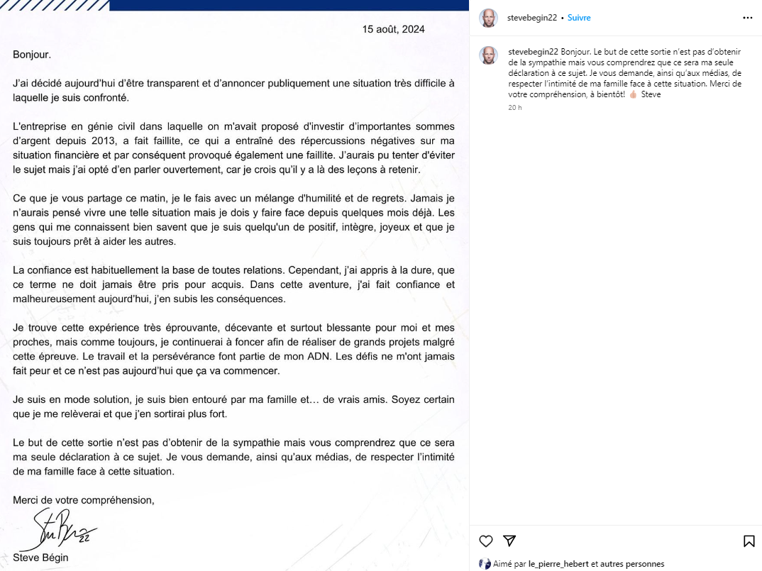 Capture decran 2024 08 16 091830 Steve Bégin Révèle Avoir Fait Faillite et Raconte son Épreuve Avec Une Sincérité Désarmante