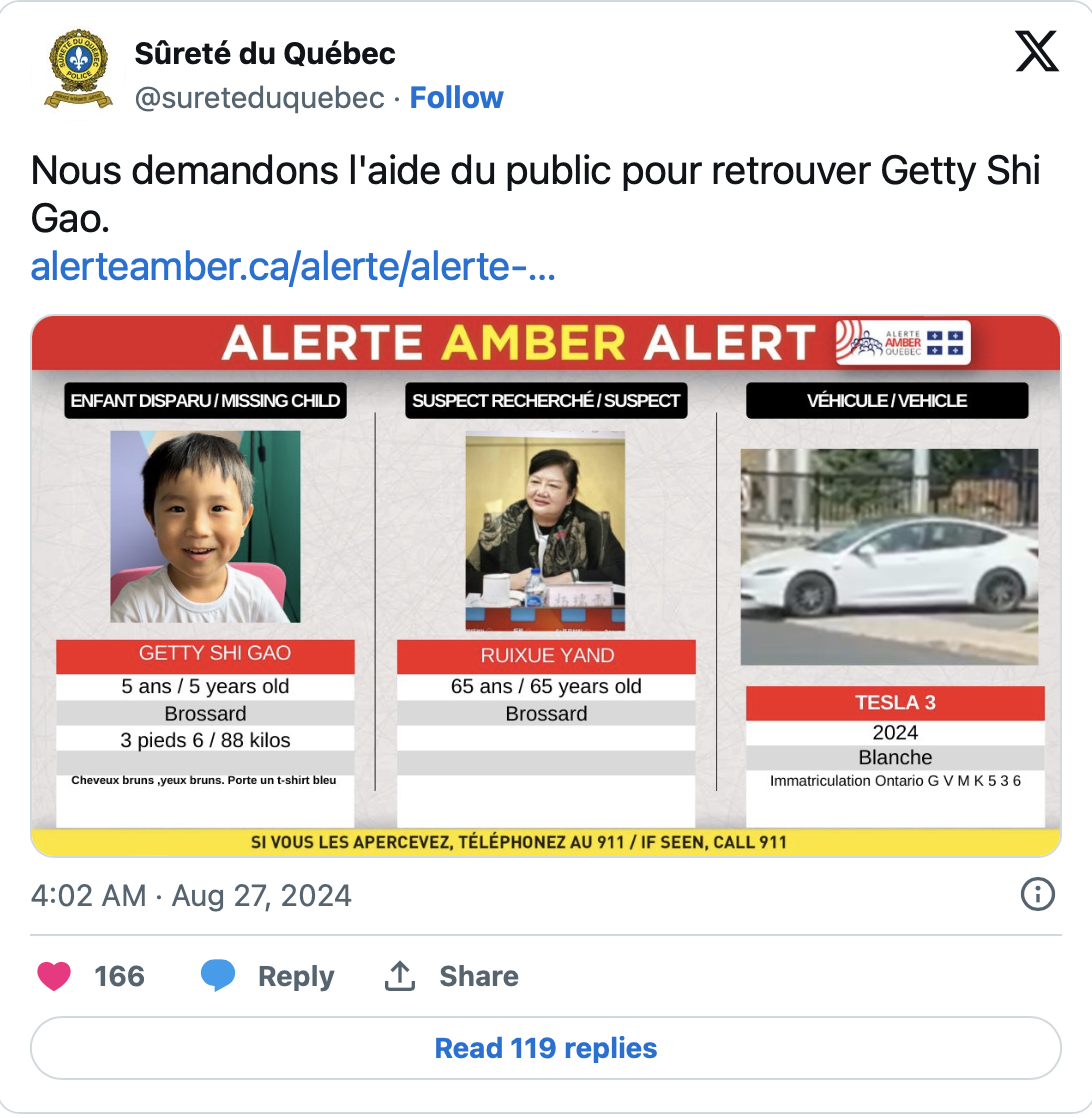 Alerte AMBER déclenchée : un enfant de 5 ans enlevé en Montérégie ! 3 Alerte AMBER déclenchée : un enfant de 5 ans enlevé en Montérégie ! Capture decran le 2024 08 27 a 09.15.02 Alerte AMBER déclenchée : un enfant de 5 ans enlevé en Montérégie !