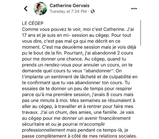 Screenshot 2024 09 08 12.31.13 Cette étudiante au Québec dévoile la dure réalité de nombreux élèves au cégep