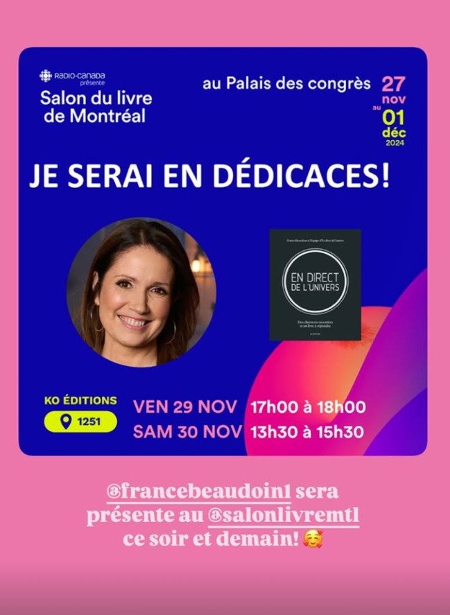 En pause de "En direct de l'univers", France Beaudoin partage ses projets pour le week-end 3 En pause de "En direct de l'univers", France Beaudoin partage ses projets pour le week-end Capture decran 2024 11 30 112651 En pause de "En direct de l'univers", France Beaudoin partage ses projets pour le week-end