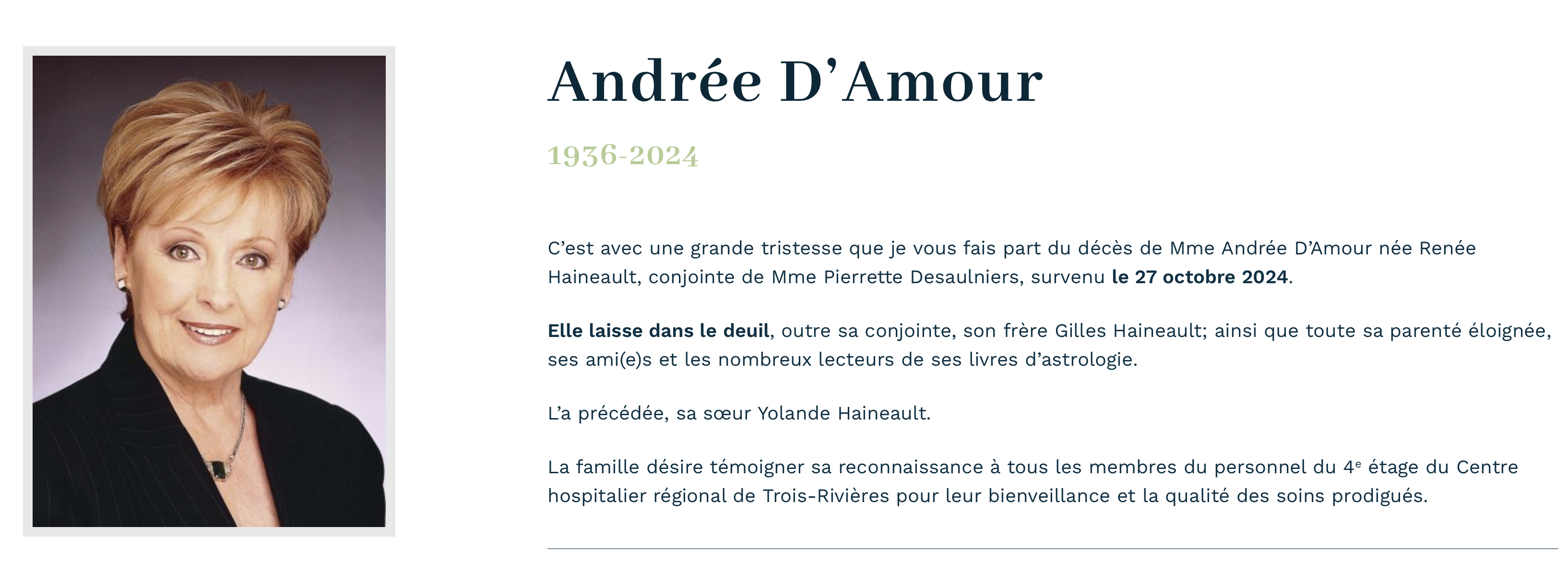 Décès de l'Astrologue Andrée D'Amour à l'Âge de 88 Ans 2 Décès de l'Astrologue Andrée D'Amour à l'Âge de 88 Ans Capture decran le 2024 11 07 a 13.26.16 Décès de l'Astrologue Andrée D'Amour à l'Âge de 88 Ans