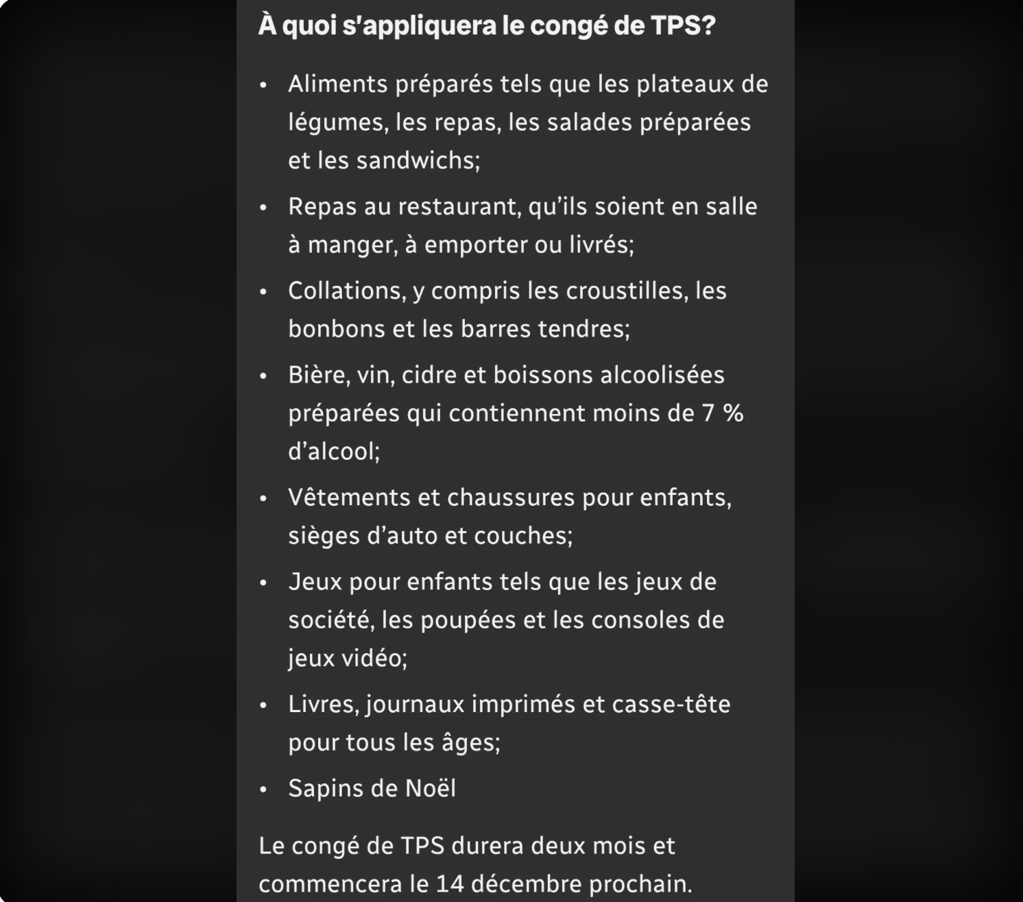 Capture decran le 2024 11 22 a 15.24.22 Les produits visés par le congé de TPS suscitent la fureur de nombreuses personnes.