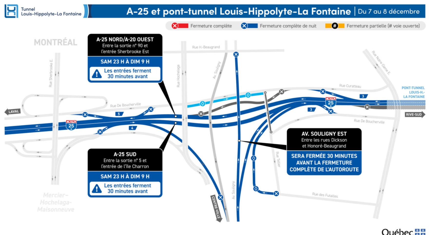 Capture decran 2024 12 05 105527 Fermeture complète du tunnel Louis-Hippolyte dans les deux directions du 7 au 8 décembre