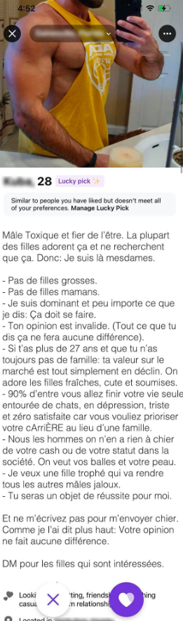 Un homme sur Tinder s'affiche comme un « Homme Toxique » et en tire fierté 2 Un homme sur Tinder s'affiche comme un « Homme Toxique » et en tire fierté Capture decran 2024 12 17 091104 Un homme sur Tinder s'affiche comme un « Homme Toxique » et en tire fierté