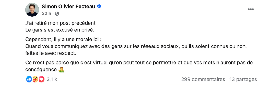 Capture decran 2025 01 07 135101 L’internaute qui a critiqué Simon Olivier Fecteau s’est finalement excusé