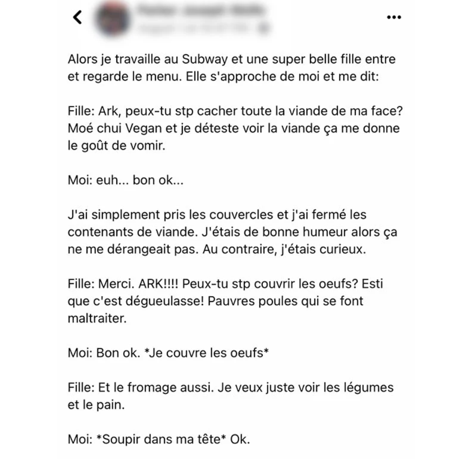 Capture decran 2025 01 09 115900 La cliente Vegan qui se fait confronter par un employé au Subway