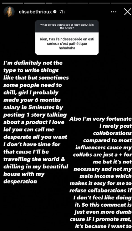 Capture decran 2025 01 27 130418 L’influenceuse Elisabeth Rioux répond à une critique : « Je gagne ton salaire annuel en 5 minutes »