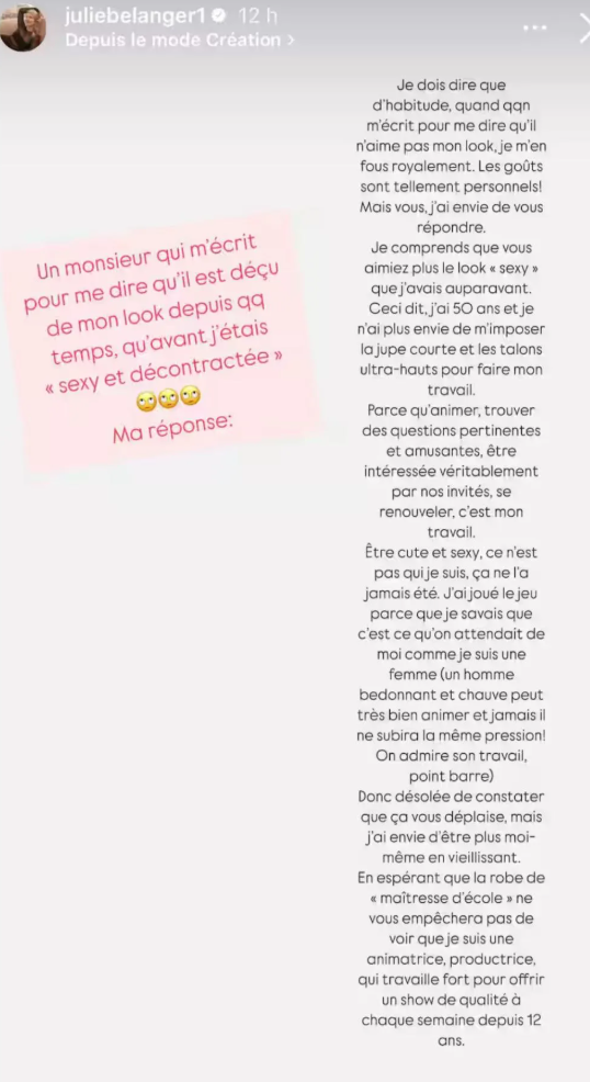 Julie Bélanger répond sans détour à une critique sur son style vestimentaire 2 Julie Bélanger répond sans détour à une critique sur son style vestimentaire Capture decran 2025 02 07 160837 Julie Bélanger répond sans détour à une critique sur son style vestimentaire