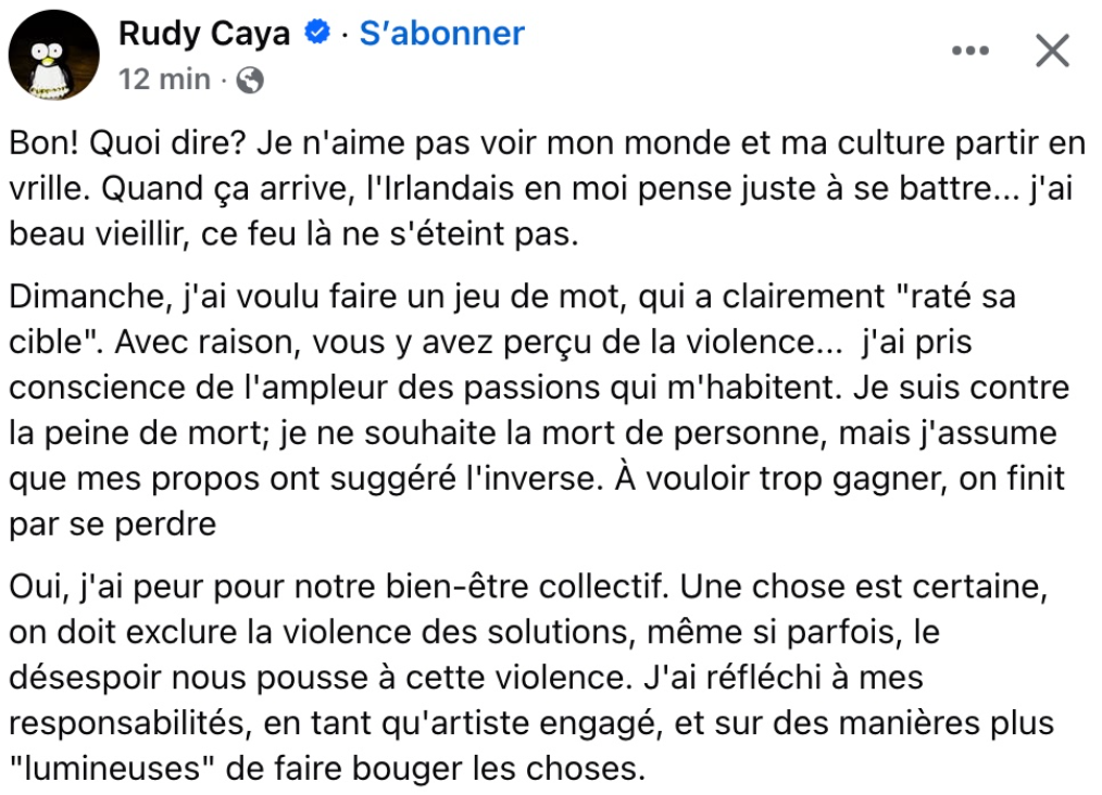 Rudy Caya s’excuse après la polémique entourant ses propos 2 Rudy Caya s’excuse après la polémique entourant ses propos Capture decran 2025 02 12 135748 Rudy Caya s’excuse après la polémique entourant ses propos