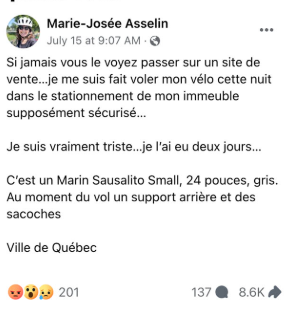 Capture decran 2025 02 19 093247 Une Québécoise annonce l'achat d'un vélo à 4000$ et signale son vol peu après