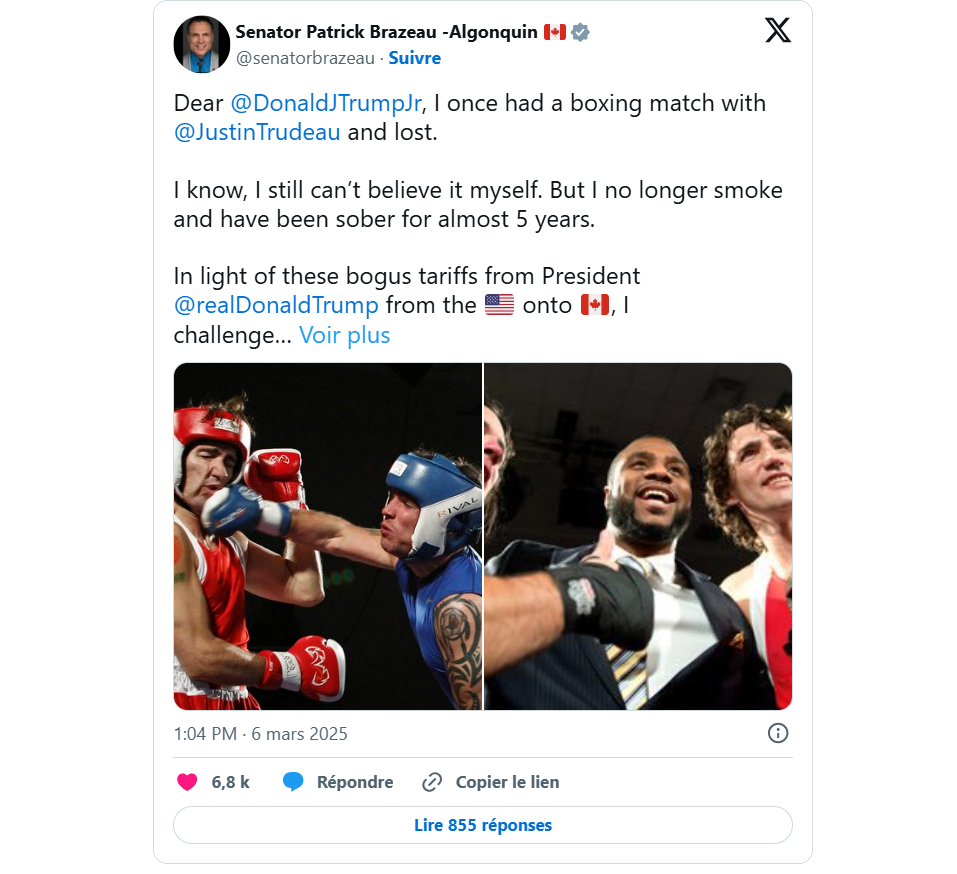 Le sénateur Patrick Brazeau défie le fils de Donald Trump pour un combat de boxe 2 Le sénateur Patrick Brazeau défie le fils de Donald Trump pour un combat de boxe Capture decran 2025 03 11 091152 Le sénateur Patrick Brazeau défie le fils de Donald Trump pour un combat de boxe