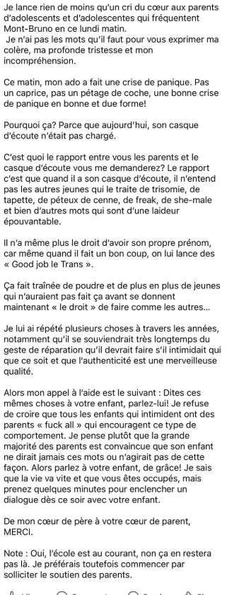 Capture decran 2025 03 15 142438 Cri du cœur d’un papa québécois face à l’intimidation constante de son fils à l'école