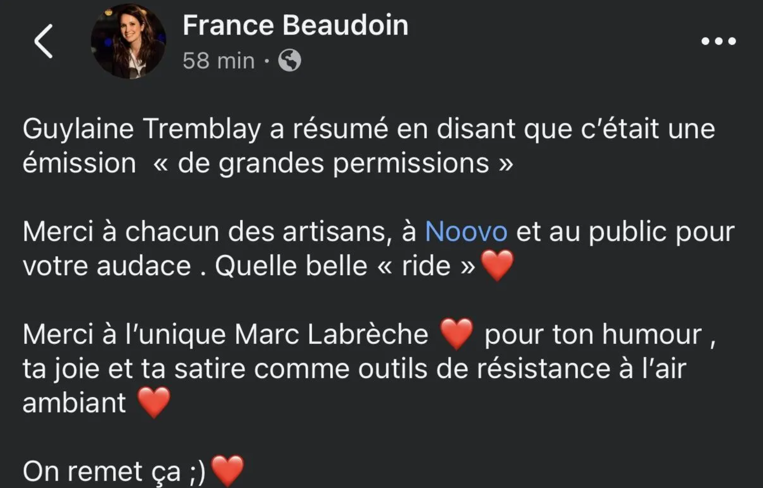 Capture decran 2025 03 18 144433 France Beaudoin partage un émouvant message en hommage à Marc Labrèche et à la fin de Je viens vers toi