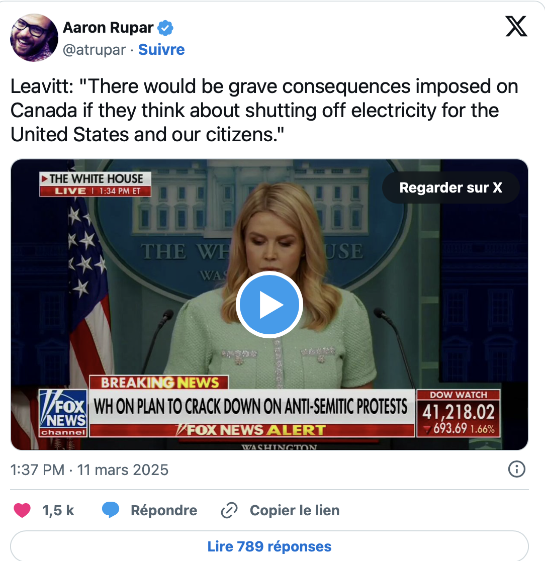 La Maison-Blanche s’attaque au Canada : Karoline Leavitt lance un avertissement majeur 3 La Maison-Blanche s’attaque au Canada : Karoline Leavitt lance un avertissement majeur Capture decran le 2025 03 11 a 16.09.57 La Maison-Blanche s’attaque au Canada : Karoline Leavitt lance un avertissement majeur