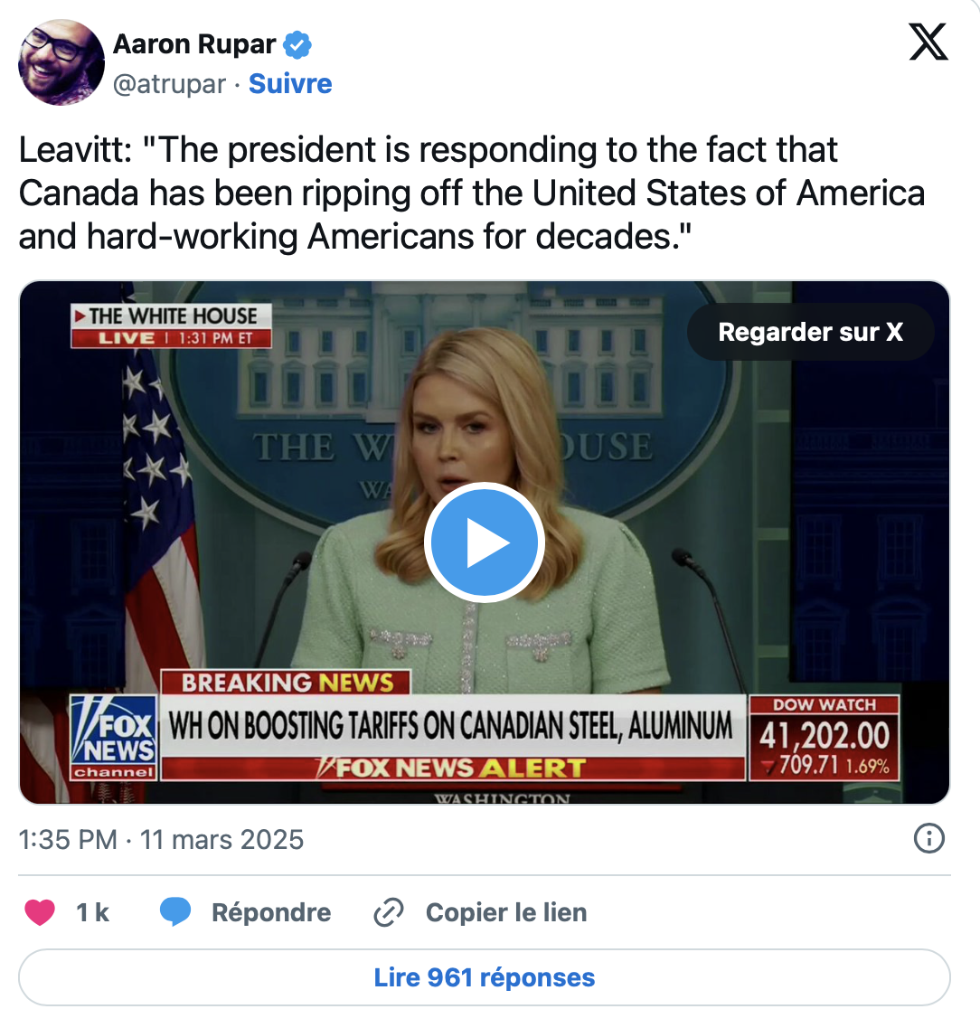 La Maison-Blanche s’attaque au Canada : Karoline Leavitt lance un avertissement majeur 4 La Maison-Blanche s’attaque au Canada : Karoline Leavitt lance un avertissement majeur Capture decran le 2025 03 11 a 16.13.46 La Maison-Blanche s’attaque au Canada : Karoline Leavitt lance un avertissement majeur