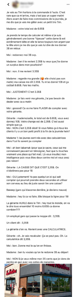 Une cliente pète sa coche au Tim Hortons contre une caissière qui avait de la difficulté à compter 2 Une cliente pète sa coche au Tim Hortons contre une caissière qui avait de la difficulté à compter Capture decran 2025 04 17 162825 Une cliente pète sa coche au Tim Hortons contre une caissière qui avait de la difficulté à compter