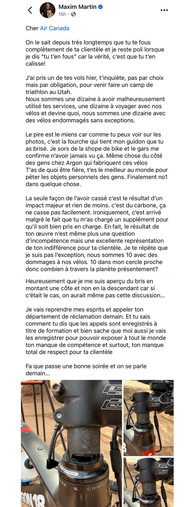 Maxim Martin explose de colère contre Air Canada sur Facebook 2 Maxim Martin explose de colère contre Air Canada sur Facebook Capture decran 2025 05 02 212414 Maxim Martin explose de colère contre Air Canada sur Facebook