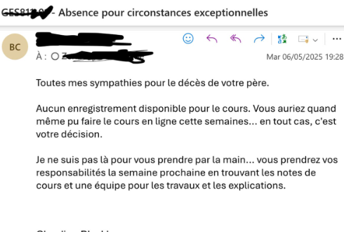 Un étudiant québécois annonce à son professeur la mort de son père et reçoit une réponse qui choque 2 Un étudiant québécois annonce à son professeur la mort de son père et reçoit une réponse qui choque Capture decran 2025 05 09 094215 Un étudiant québécois annonce à son professeur la mort de son père et reçoit une réponse qui choque