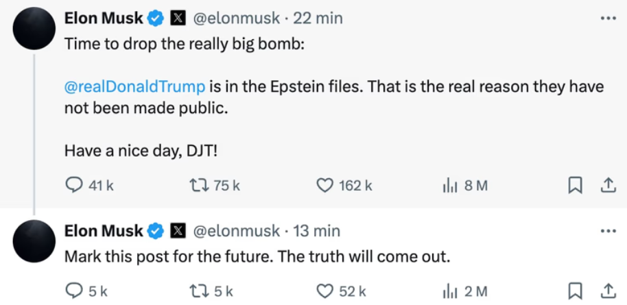 Elon Musk lâche une « bombe » sur Donald Trump : il l’accuse d’être lié aux dossiers Epstein 3 Elon Musk lâche une « bombe » sur Donald Trump : il l’accuse d’être lié aux dossiers Epstein Capture decran 2025 06 05 235703 Elon Musk lâche une « bombe » sur Donald Trump : il l’accuse d’être lié aux dossiers Epstein