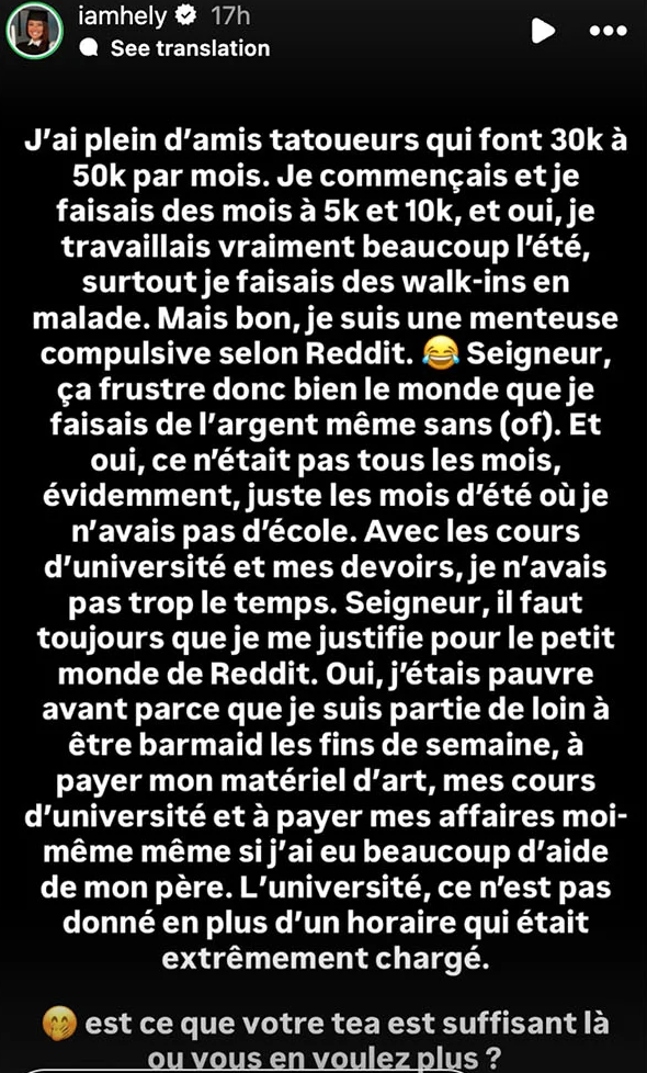 Capture decran 2025 06 29 122856 « La Fille de l’UQAM » révèle le salaire impressionnant qu’elle touchait en tant que tatoueuse étudiante