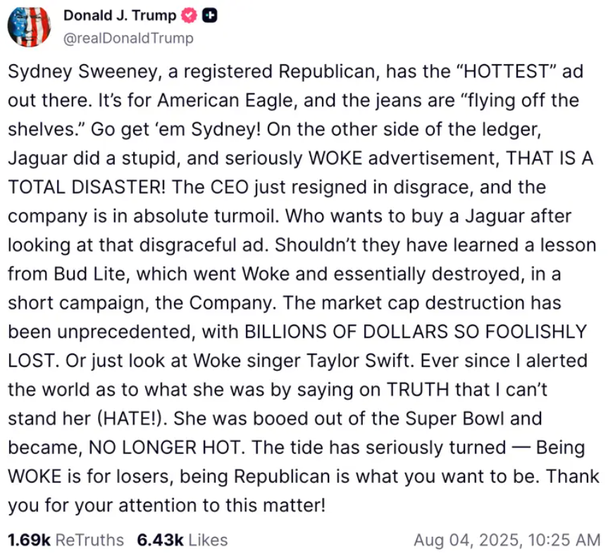 Capture decran 2025 08 04 131302 Donald Trump encense Sydney Sweeney après avoir appris qu’elle est républicaine : « J’adore sa pub ! »