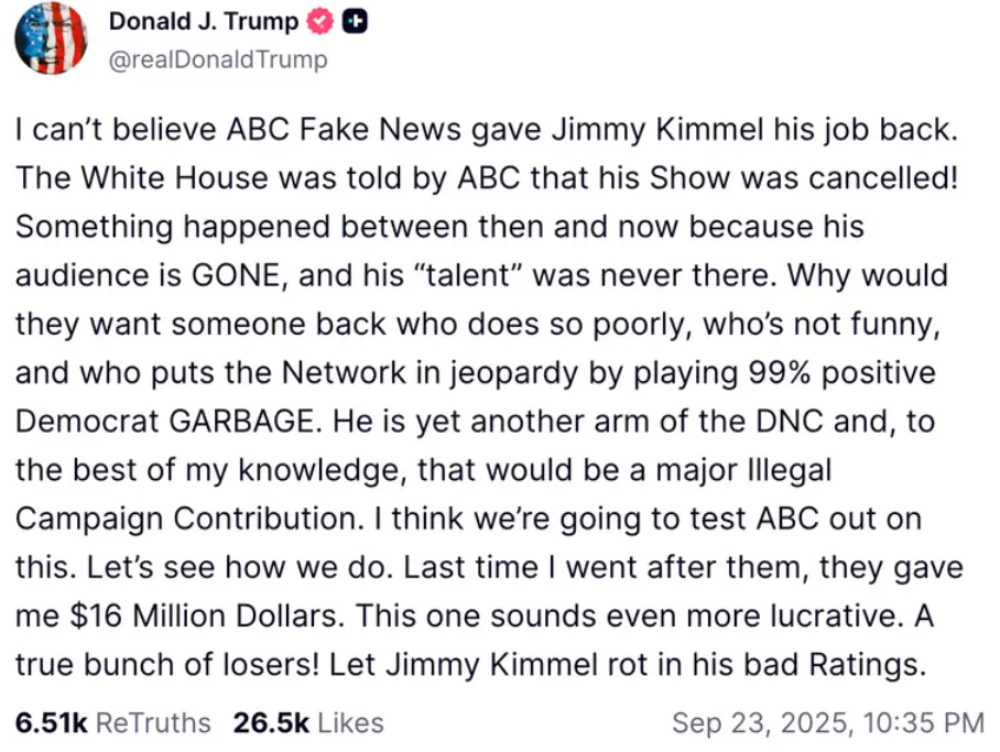 Donald Trump fulmine contre Jimmy Kimmel et menace la chaîne ABC 2 Donald Trump fulmine contre Jimmy Kimmel et menace la chaîne ABC Capture decran 2025 09 24 120724 Donald Trump fulmine contre Jimmy Kimmel et menace la chaîne ABC