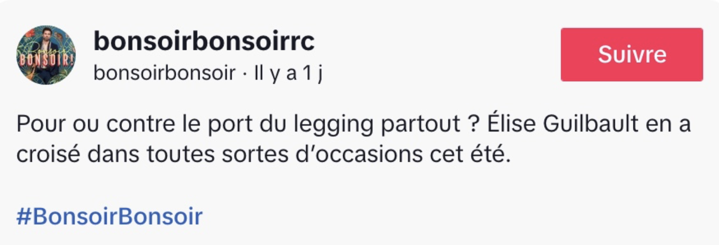 Élise Guilbault déclenche la controverse avec sa critique des leggings 3 Élise Guilbault déclenche la controverse avec sa critique des leggings Capture decran le 2025 09 09 a 08.02.08 Élise Guilbault déclenche la controverse avec sa critique des leggings