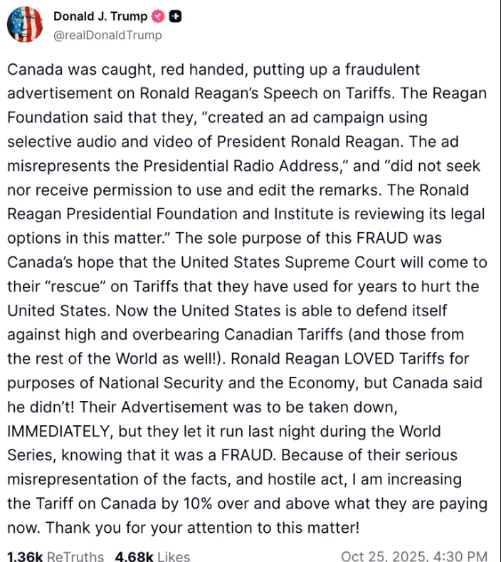Donald Trump contre-attaque : il augmente de 10 % les tarifs douaniers envers le Canada après une publicité jugée frauduleuse 2 Donald Trump contre-attaque : il augmente de 10 % les tarifs douaniers envers le Canada après une publicité jugée frauduleuse Capture decran 2025 10 26 140446 Donald Trump contre-attaque : il augmente de 10 % les tarifs douaniers envers le Canada après une publicité jugée frauduleuse