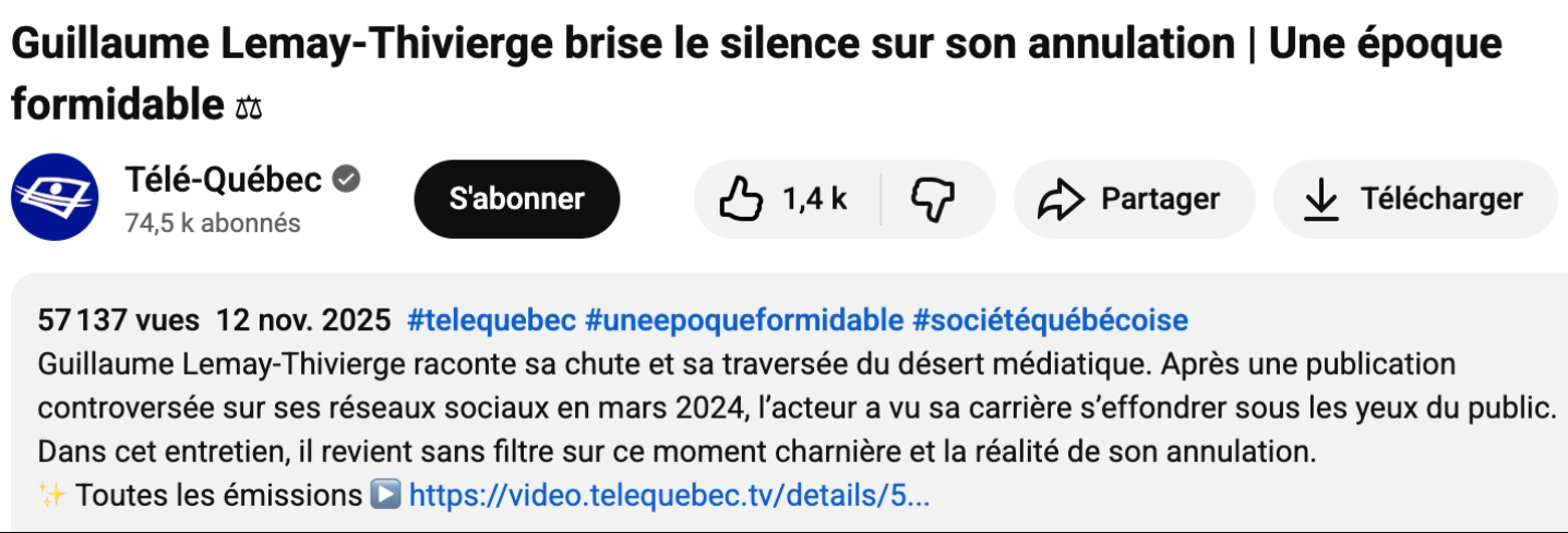 Capture decran 2025 11 13 101327 Guillaume Lemay-Thivierge revient sur sa vidéo controversée et avoue avoir vécu « une période très sombre »