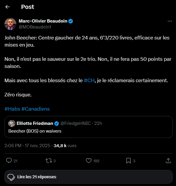 Rumeur au ballottage : John Beecher pourrait atterrir à Montréal dès aujourd’hui 2 Rumeur au ballottage : John Beecher pourrait atterrir à Montréal dès aujourd’hui Capture decran 2025 11 18 123844 Rumeur au ballottage : John Beecher pourrait atterrir à Montréal dès aujourd’hui