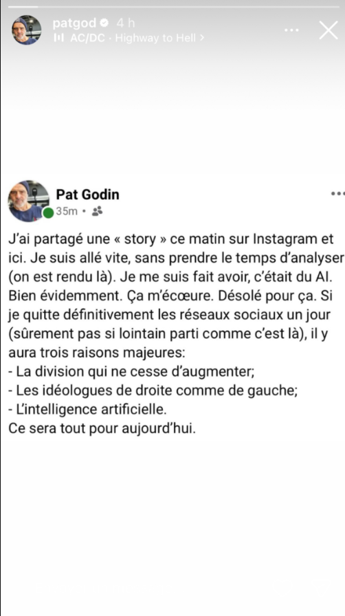 En colère, Patrice Godin réagit après avoir été piégé par une fausse image générée par l’intelligence artificielle 3 En colère, Patrice Godin réagit après avoir été piégé par une fausse image générée par l’intelligence artificielle Capture decran 2025 12 08 193713 En colère, Patrice Godin réagit après avoir été piégé par une fausse image générée par l’intelligence artificielle