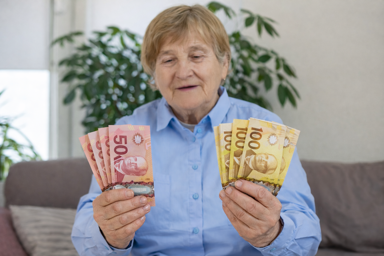 Une femme agee avec des billets canadiens Bonne nouvelle pour les retrait&eacute;s (RRQ) : jusqu'&agrave; 2 395 $ vers&eacute;s &agrave; partir de cette semaine plus de d&eacute;tail ici !