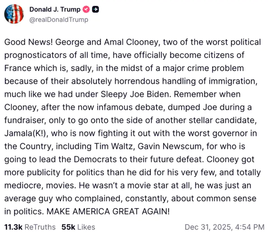 Capture decran 2026 01 03 002836 Donald Trump attaque violemment George Clooney apr&egrave;s l&rsquo;annonce de sa citoyennet&eacute; fran&ccedil;aise